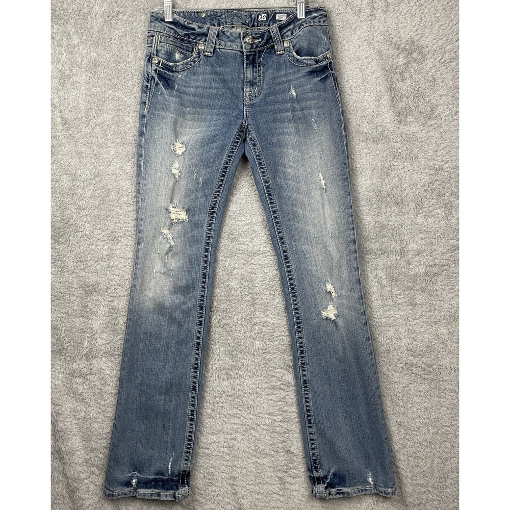 Miss‎ Me Jeans Womens 30 Blue Bootcut Distressed Western Bling Embellished Cross